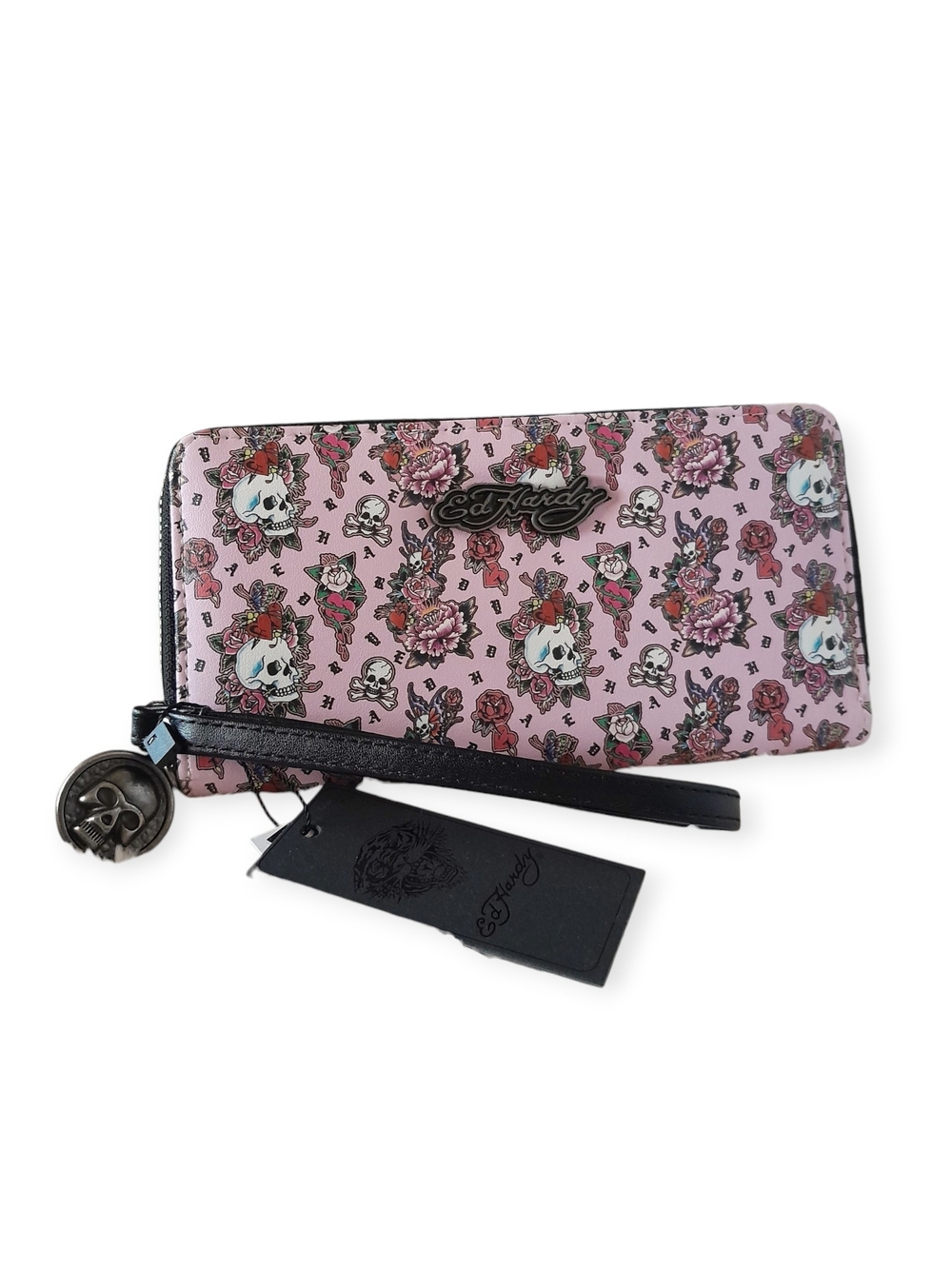 Ed Hardy Pink Skull Rose Tattoo Zip Around Wallet Wristlet Y2K Skull Zipper Char